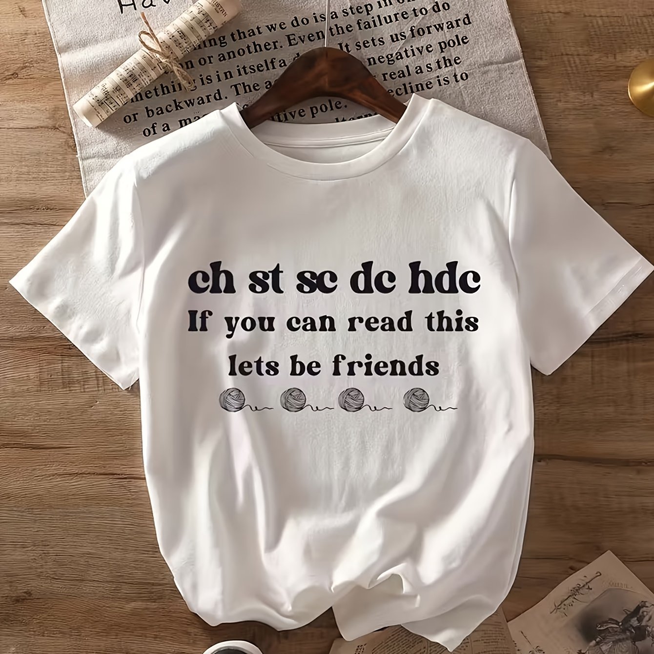 TEMU Crochet Proverb Pattern Printed T-shirt, Short Sleeve Round Neck Casual Top, Spring Summer Women's Clothing