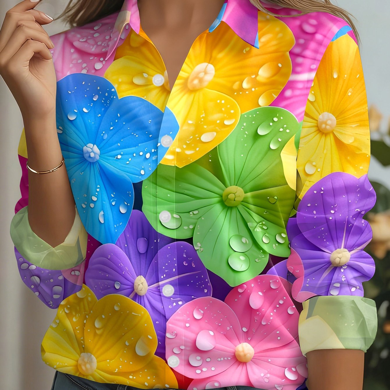 TEMU New Women's Long Sleeve Shirt, Fashionable Colorful Floral Print Top, Regular Fit, Casual Leisure Versatile Comfortable Women's Clothing