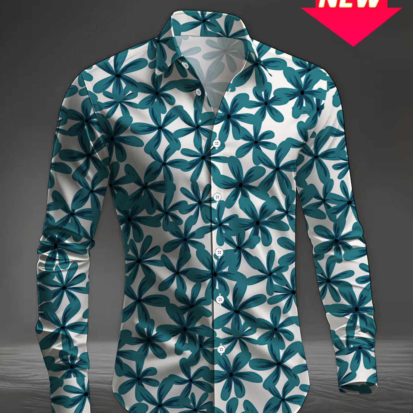 TEMU Plus Size Men's Casual Long Sleeve Printed Shirt With Blue Floral Pattern, Versatile And Fashionable Button- Lapel Shirt For Men, Regular Fit