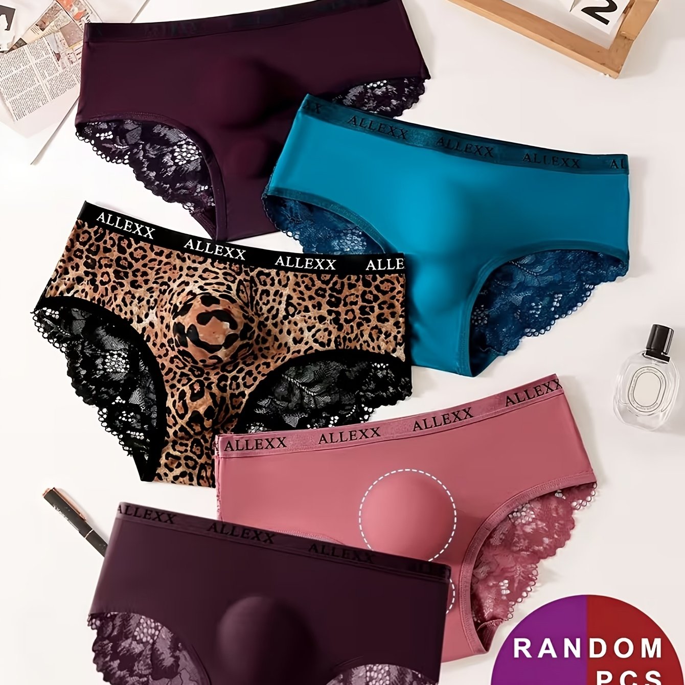 Image of Men's Underwear 5pcs, Random Colors, Lettered Waistband Trim, 3d Space Capsule Design, Lace Splicing On The Back, Including Leopard Print And Solid , Breathable Quick-drying Sexy Men's Boxer Briefs