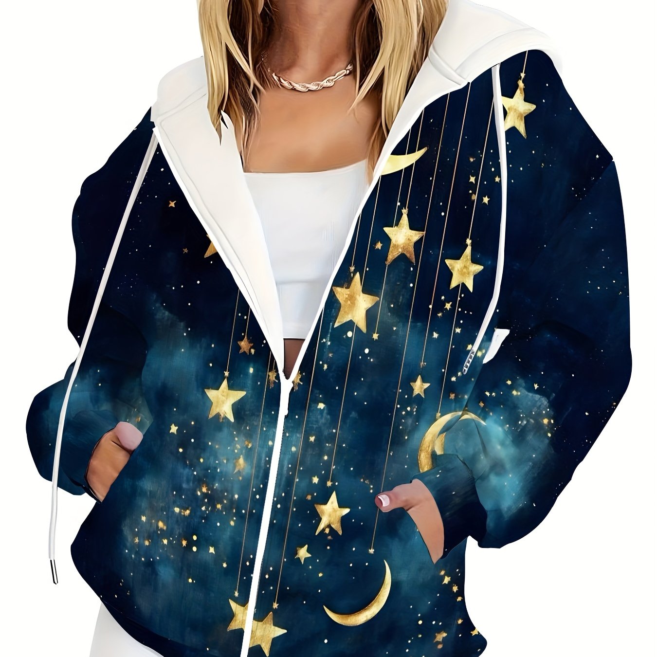 TEMU Plus-size Women's Hooded Zip-up Sweatshirt Featuring A Night With Alternating Stars And , Embodying A Romantic And Beautiful Style. Made From