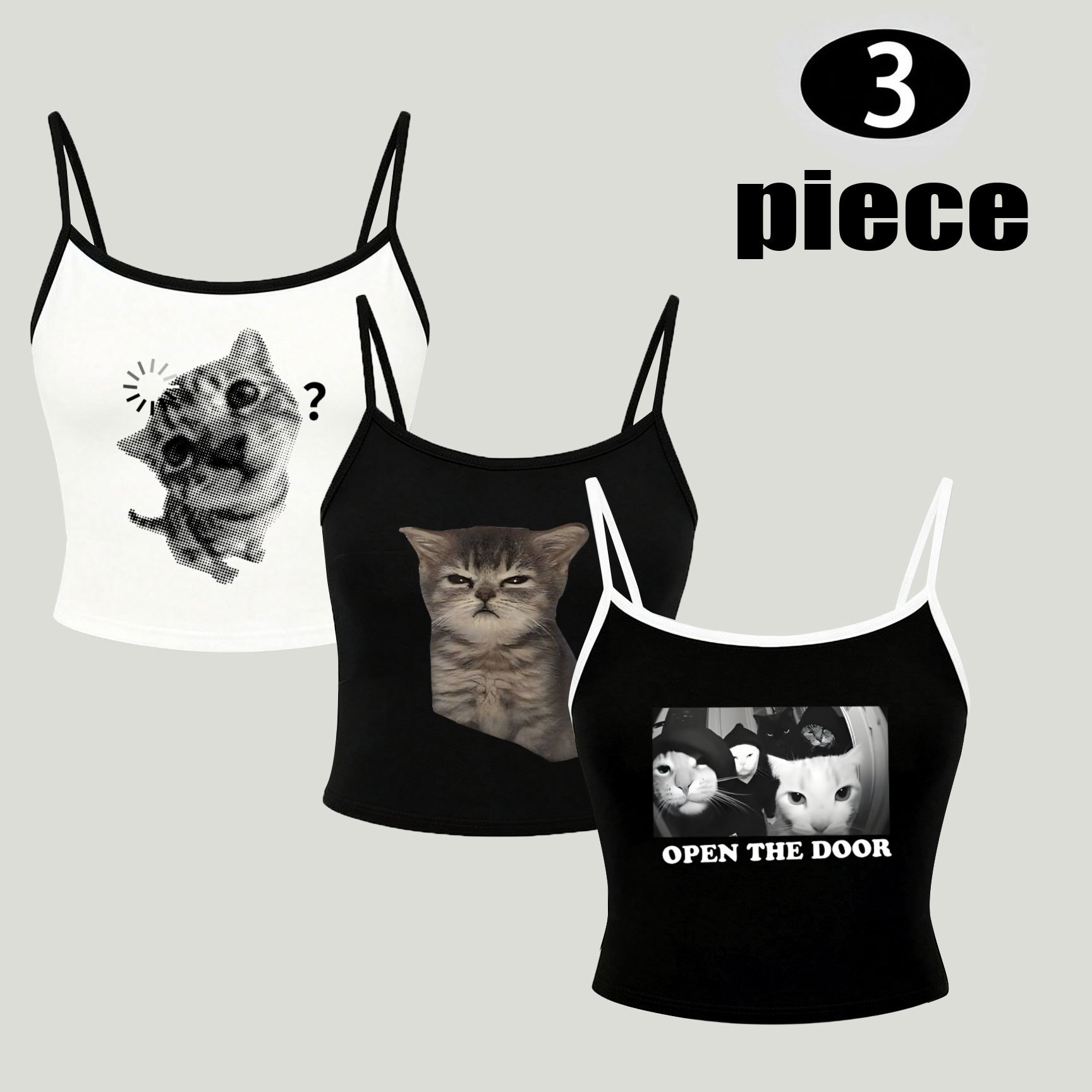 TEMU 3pcs Summer Fashion Women's Short Mini Camisole Cami Tank Top - Street Style Individual Niche Y2k Dark Easy Versatile Daily Casual Fun Cute Cat