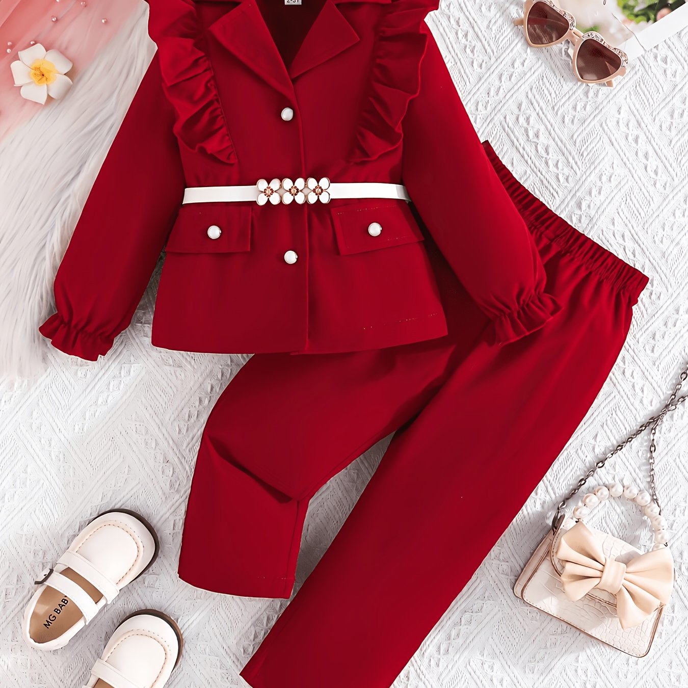 TEMU 3pcs Set Of Autumn Winter ' Fashion Blazer With Ear Scallop Detail On Chest, Long Pants And Belt, For Outdoor