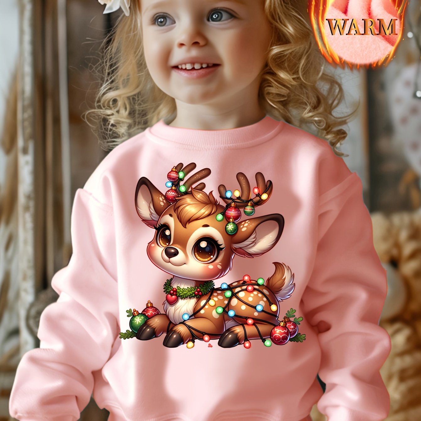 Image of Girls' Autumn/ -lined Sweatshirt, Cute Series With Creative Patterns And Christmas Elements, Casual Long-sleeve Pullover Sweatshirt