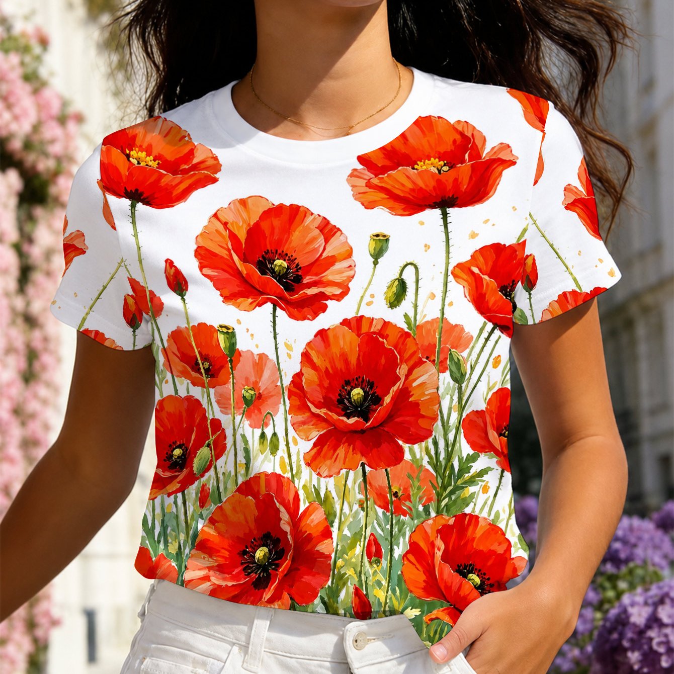 TEMU Women's Pastoral Style T-shirt, Red Print, Short Sleeve Top, Breathable Casual Blouse, Machine Washable Summer Wear, Vibrant Floral Pattern,