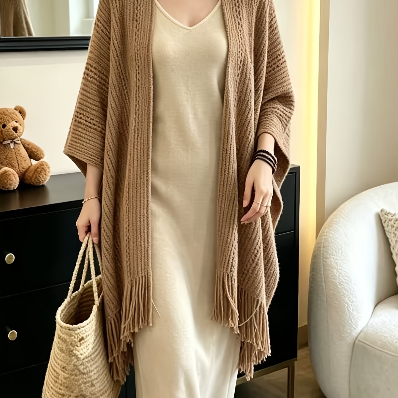 TEMU Daily Casual Fringe Poncho Cape, Batwing Sleeve Open Front Cardigan Coat, Soft Hollow Shawl Wrap Outer Top For Women