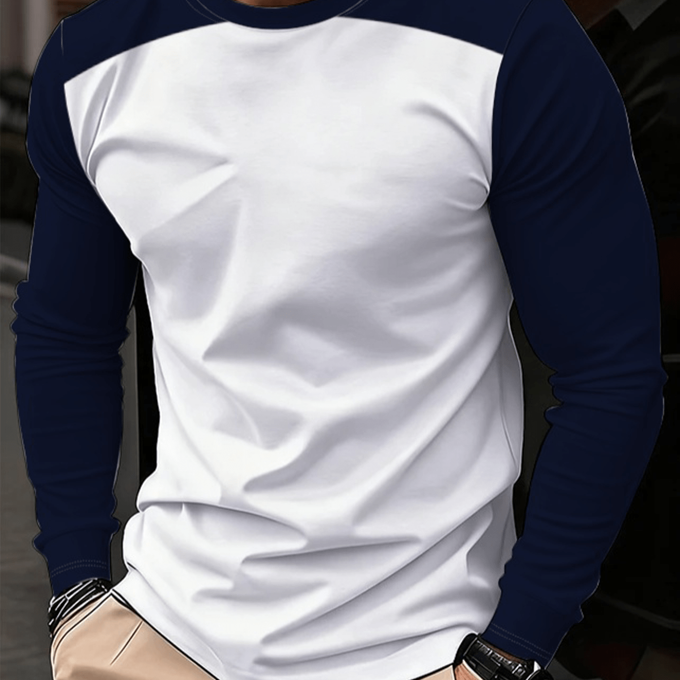TEMU Men's Crew Neck Long Sleeve T-shirt, Navy Blue Raglan Sleeve Color Block Design, Simple And Versatile, Slim Fit Everyday Casual Top, Print