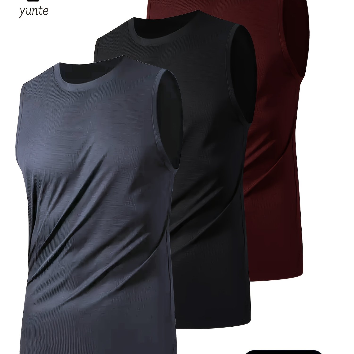 E-shop 3er-Set YOUNTE Herren Sportliche Ärmellose Tanktops in Grau, Schwarz & Tiefrot - Atmungsaktives, Schnelltrocknendes Polyester-Gewebe - Leicht &