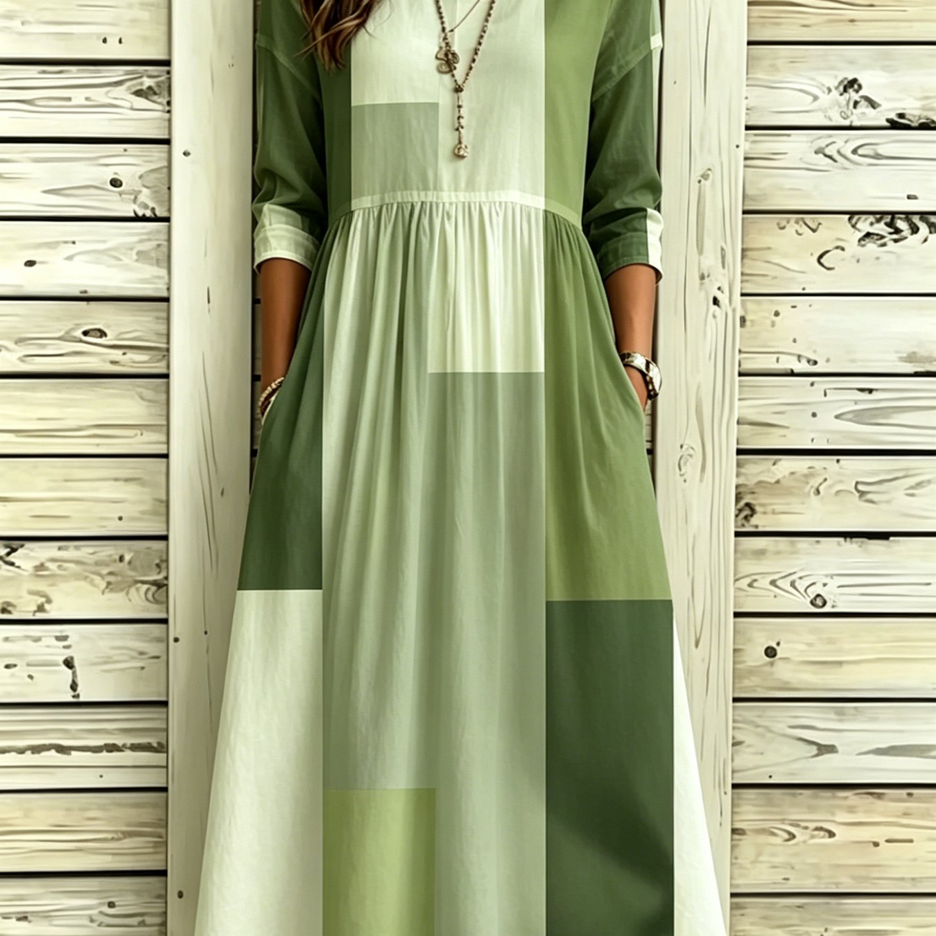 Women's Casual 3/4 Sleeve Midi Dress With Color Block Prints, Round Neck A-line Dress With Pockets For Elegant Wear