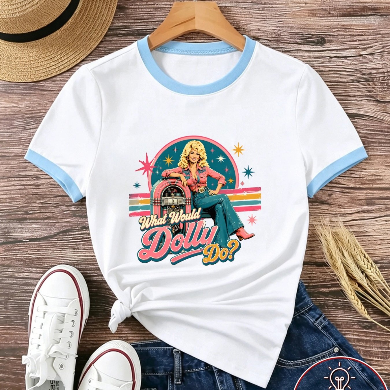TEMU 1pc Women's Color-block Printed T-shirt, Vintage Style With Dolly Image And Text Graphic, Crew Neck Casual Top, Comfortable And Breathable,