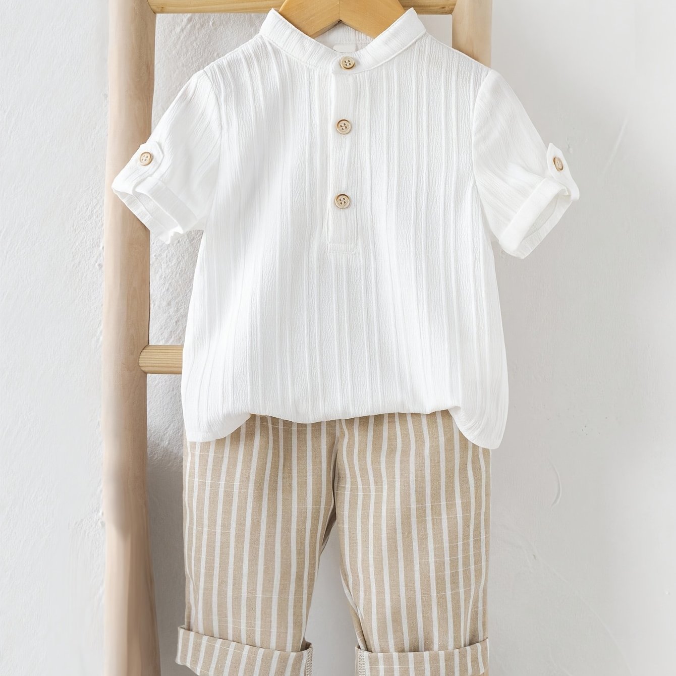 Image of Boys' Summer Literary Collar Short Sleeve Shirt + Striped Casual Pants Set, Perfect For Outdoor, Newborn/toddler Necessities,christmas,halloween