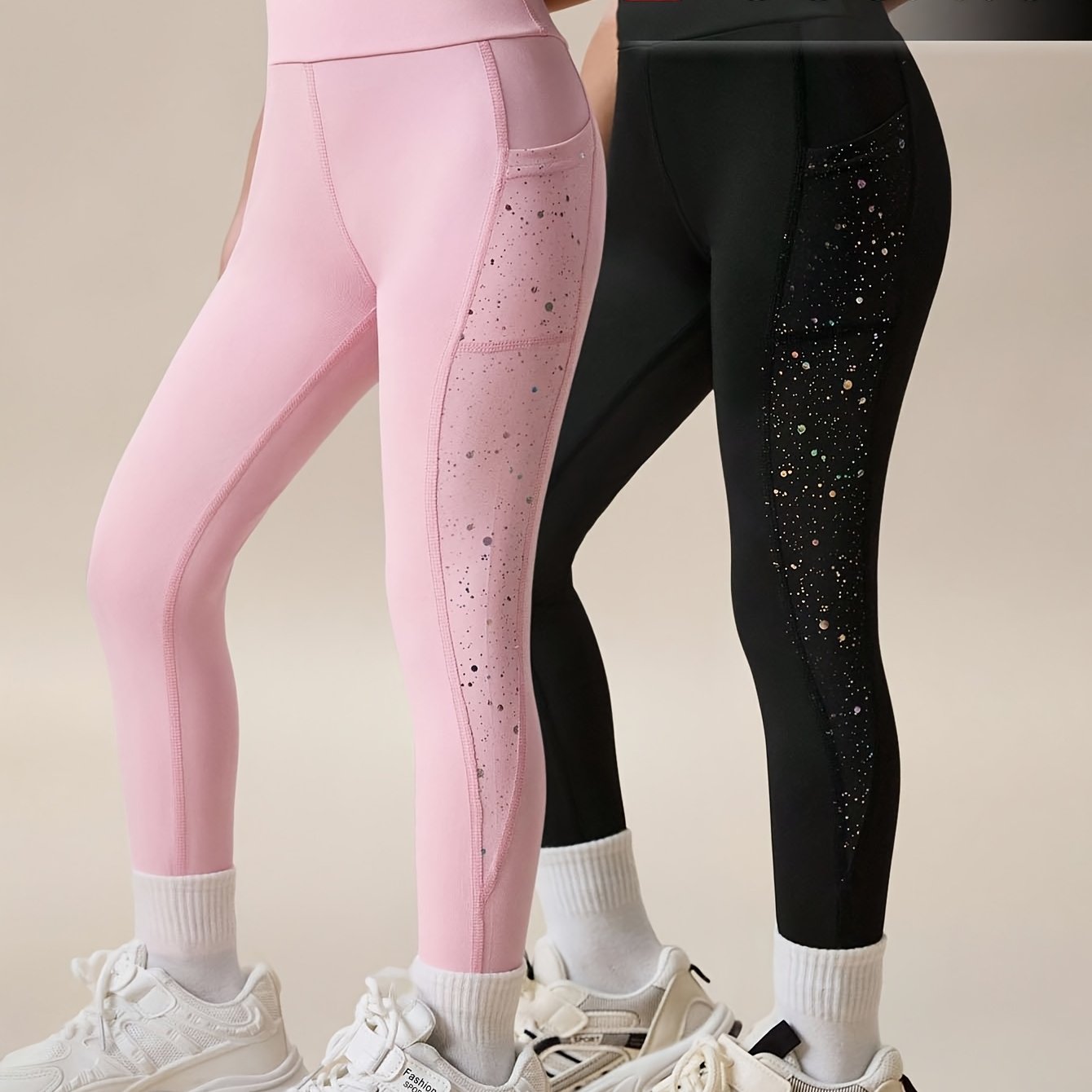 Image of A Two-piece Set Of Solid Color Leggings For Girls, Featuring Sequins On The Sides And Made From Stretchy Fabric. Perfect For Sports, Fitness, Practice, Making It A Thoughtful Gift, For Outdoor
