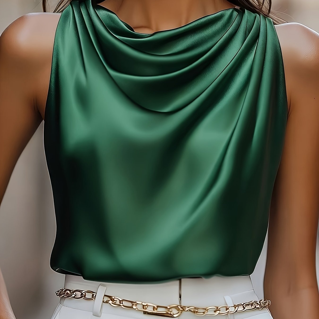 TEMU Spring/summer Elegant Women’s Sleeveless Satin Blouse, Boat Neck Solid Color Shirt For Commuting