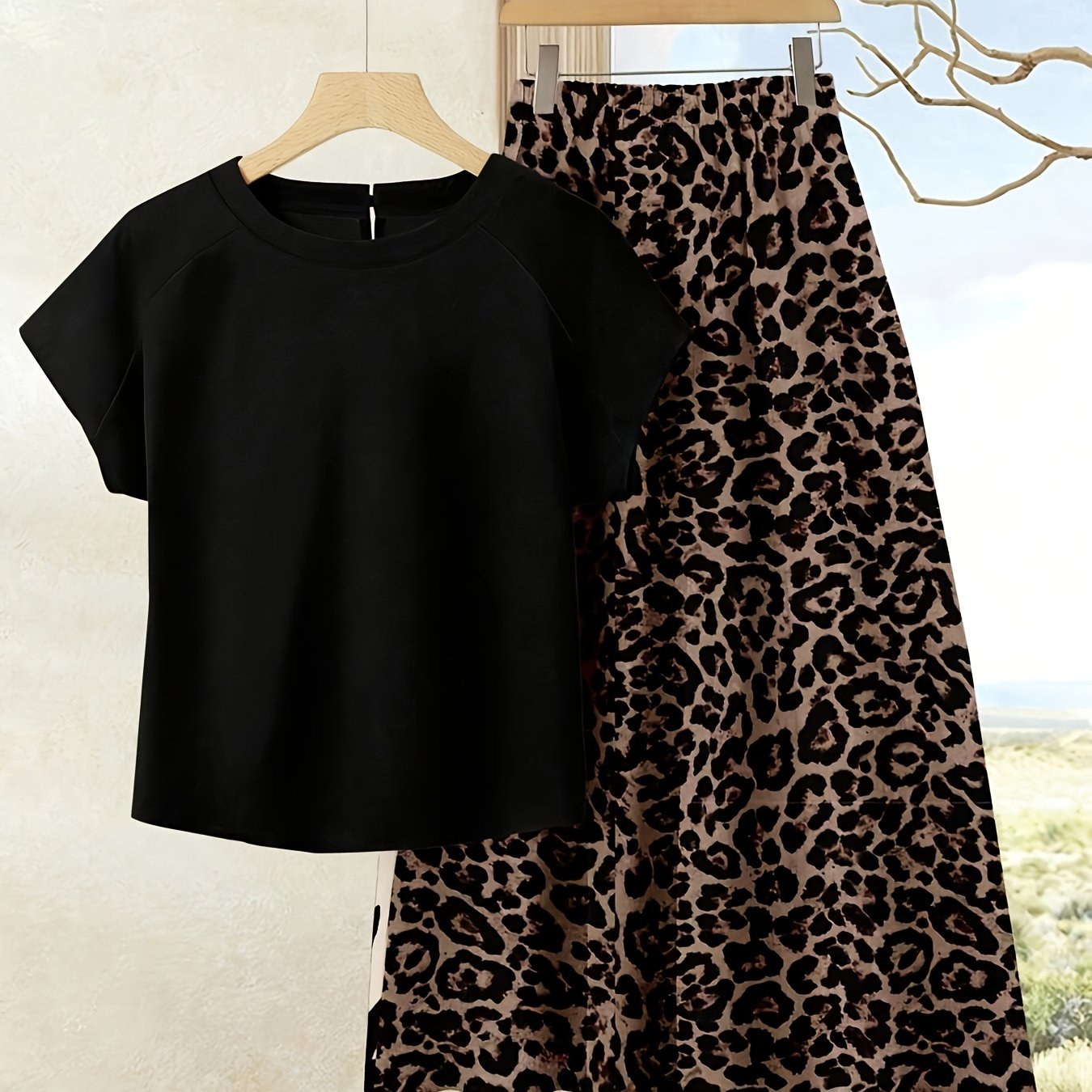TEMU Women's Holiday Casual Solid Color Top + Printed Skirt Set, 2pcs/set, Women's Summer Outfit, Summer Skirt Set, Skirt And Top Set, Women's Skirt
