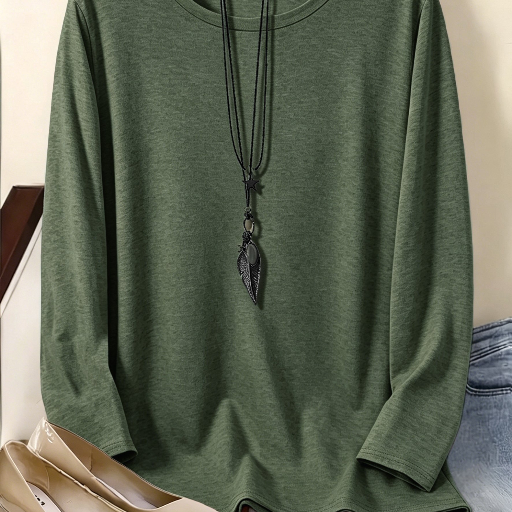 TEMU Women's Fiber T-shirt - Loose Fit Medium Stretch Crew Neck Long Sleeve -compatible Basic Solid Color Top | Machine Washable Suitable For