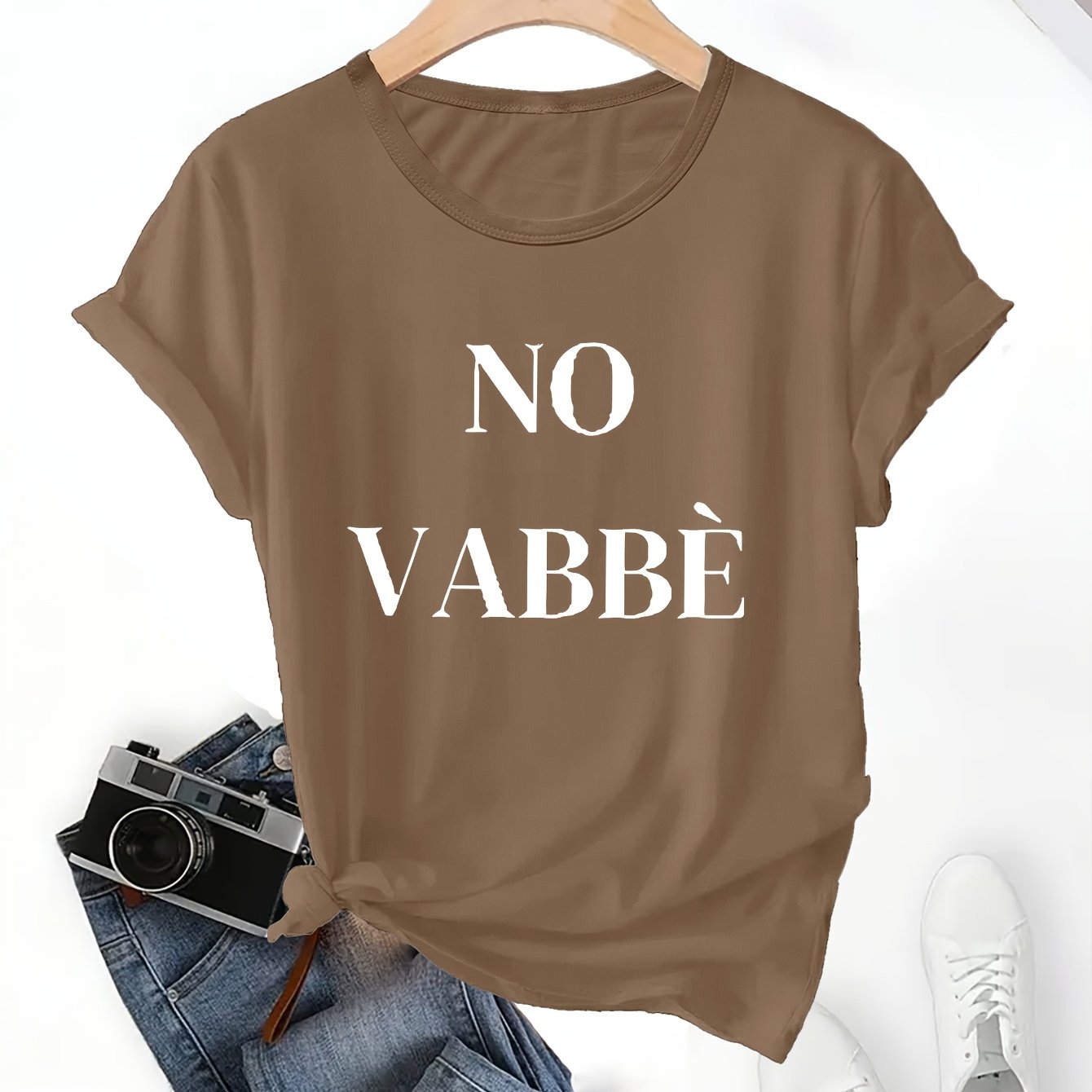 TEMU Fashionable "no Vabbè" Print Design, Simple And Elegant. Women's Casual -neck Short-sleeve Fashion Sports T-shirt With Pattern Print, A