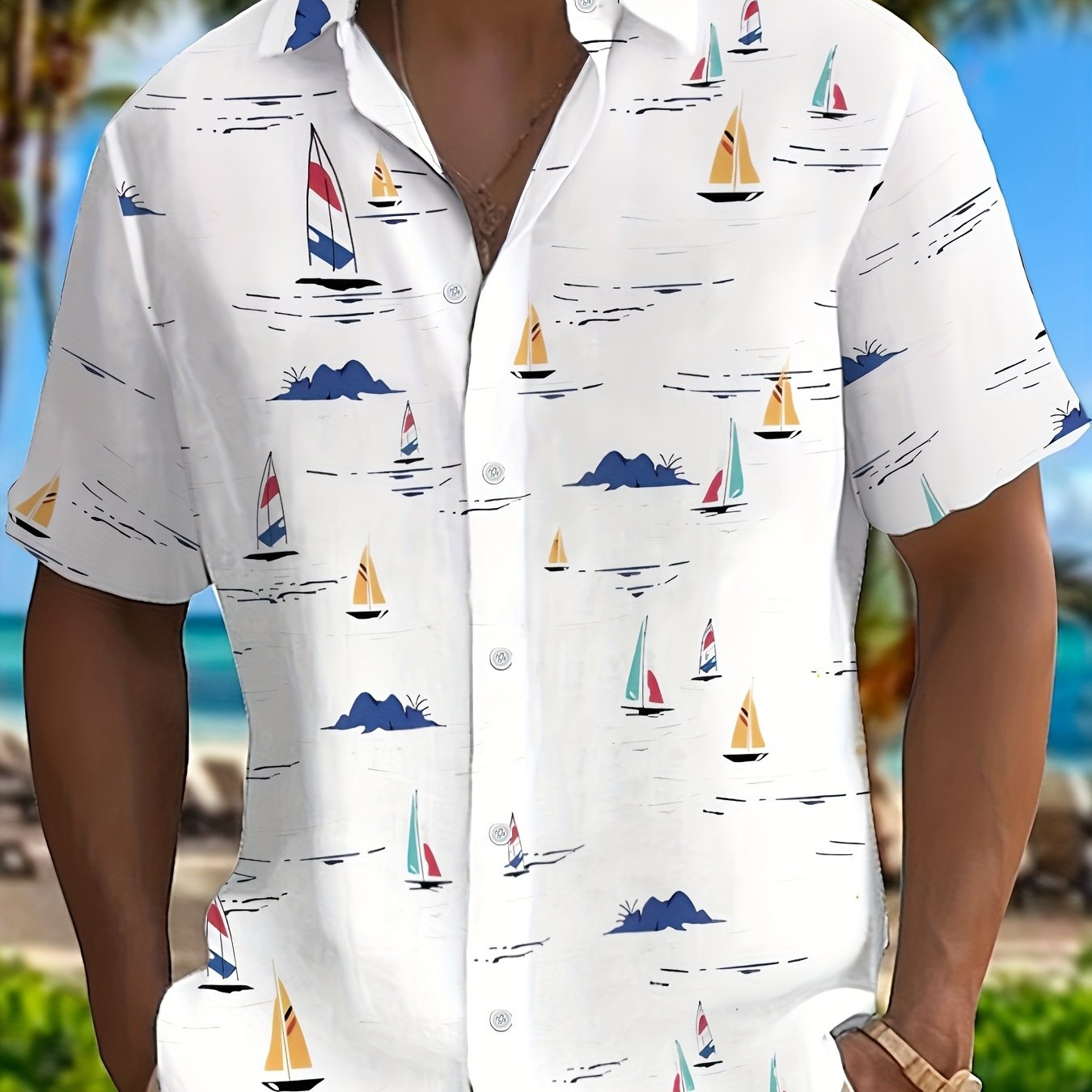 TEMU Printed Design â Not Textured (no Accessories) Men's Casual Short-sleeve Shirt, Geometric Pattern Sailing Print Top, Classic Turn- Collar Slim