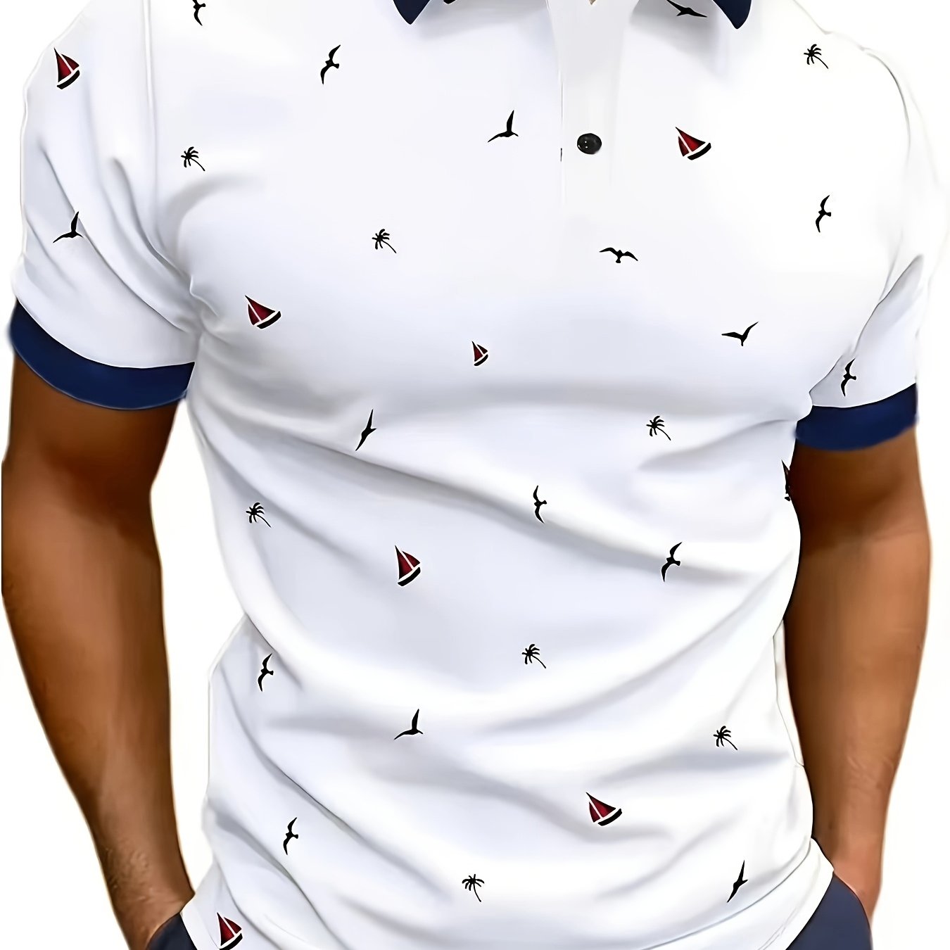 Men's Contrast Color Lapel Short Sleeve Shirt, Maple Leaf Striped Sailor Style Multi-print Summer Casual Golf Top