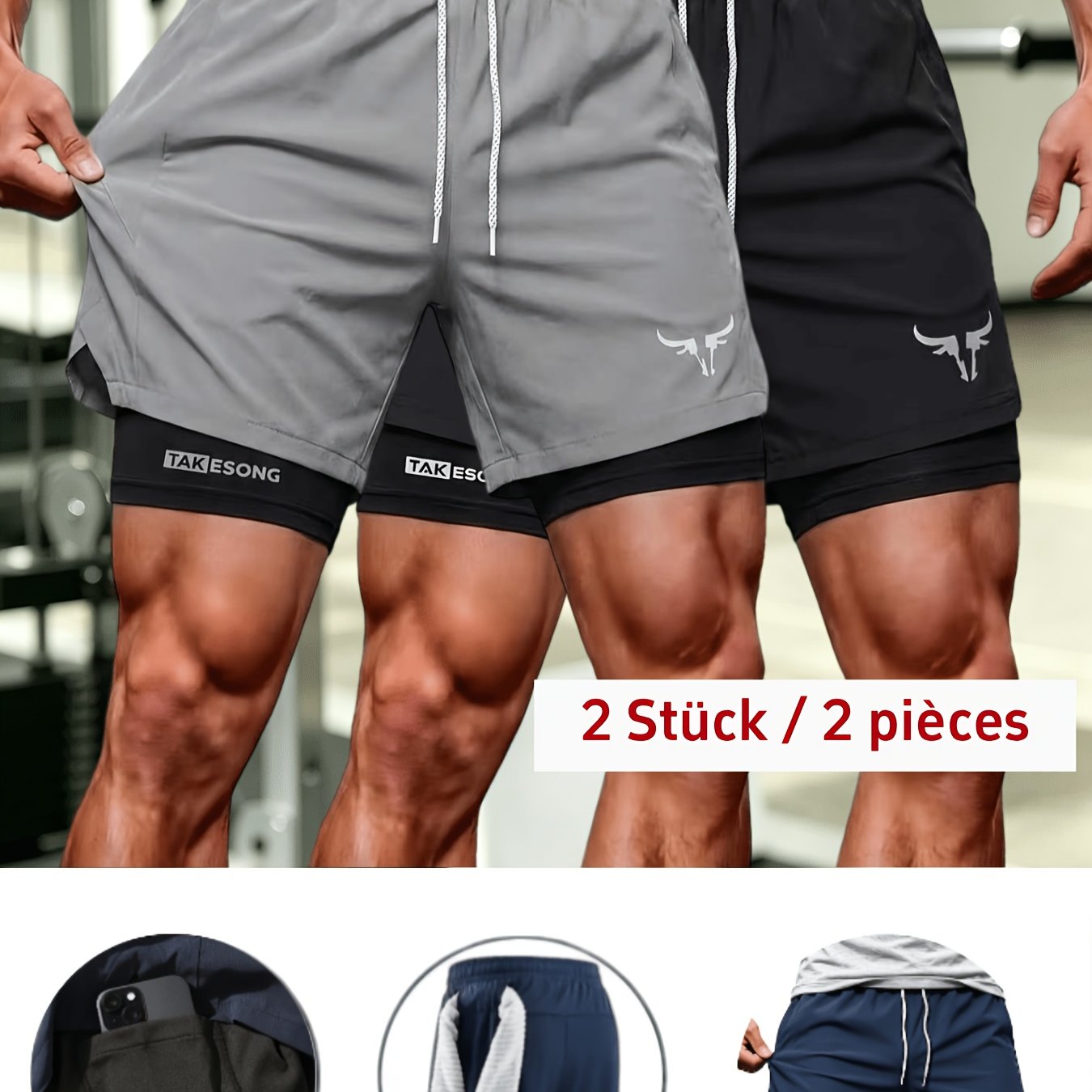 Image of Great V 2pcs! Men's Summer Quick-dry Athletic Shorts, 2-in-1 Liner Anti-friction Leg Gym Pants, Plus Size Loose Breathable Training Shorts, Outdoor Running Cycling Sports