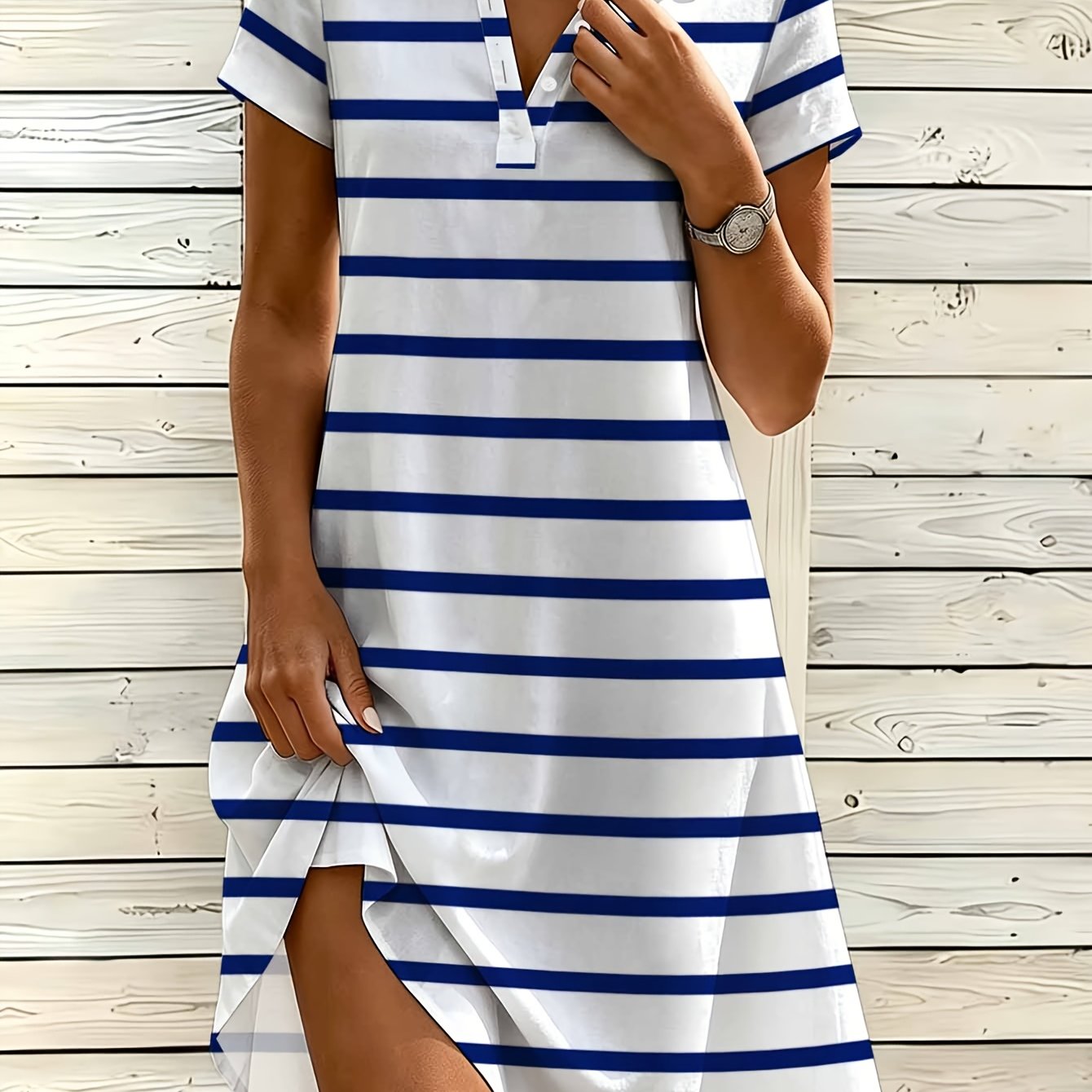 Image of Women's Fashion Shirt Dress, V-neck Button Dress, Blue And White Horizontal Striped Print