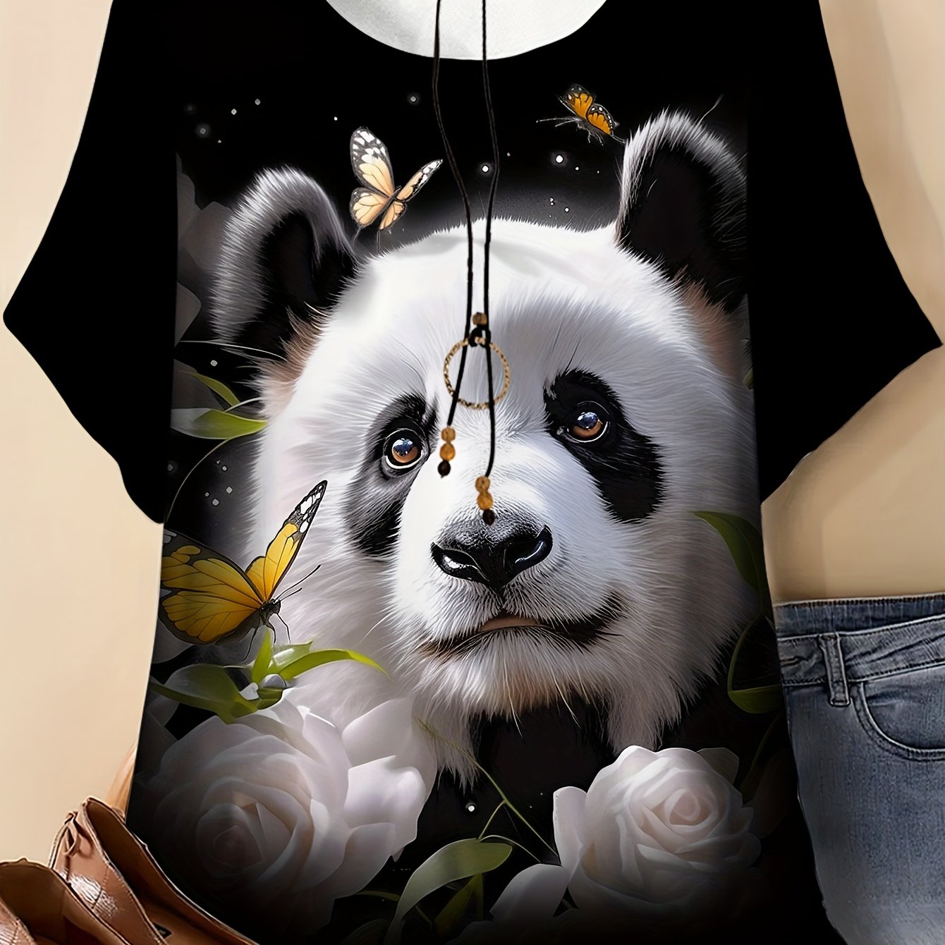TEMU Plus Size, A Black And White Panda With , Surrounded By White Roses And Butterflies, Large-size Women's T-shirt With A Themed Print, Round Neck