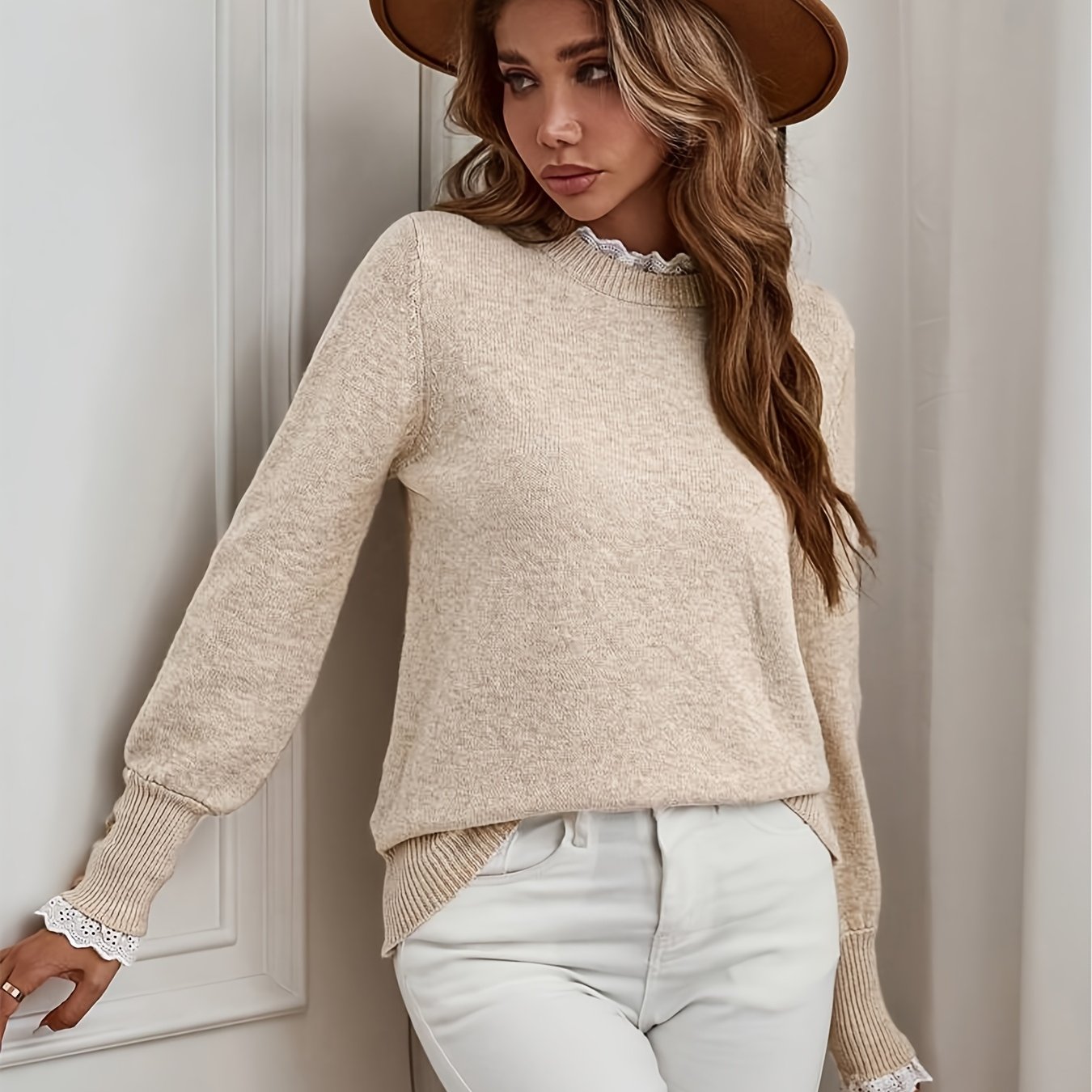 TEMU Vika Women's Fall/winter Lace Trim Round Neck Long Sleeve Fashion Sweater