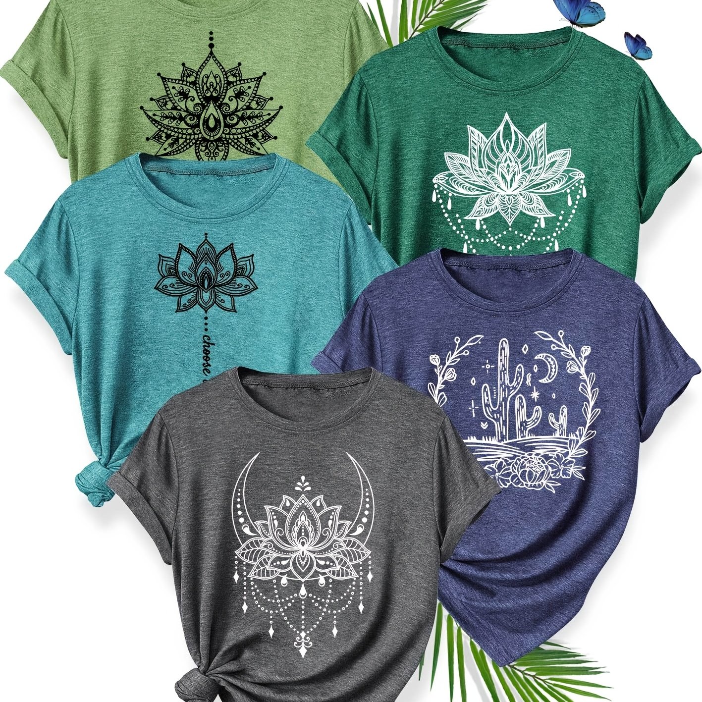 E-shop 5-teiliges Bundle Damen Vintage Pflanzenprint Kurzarmblusen - Lässige Rundhals-T-Shirts mit botanischer Bleistift-Zeichnung,