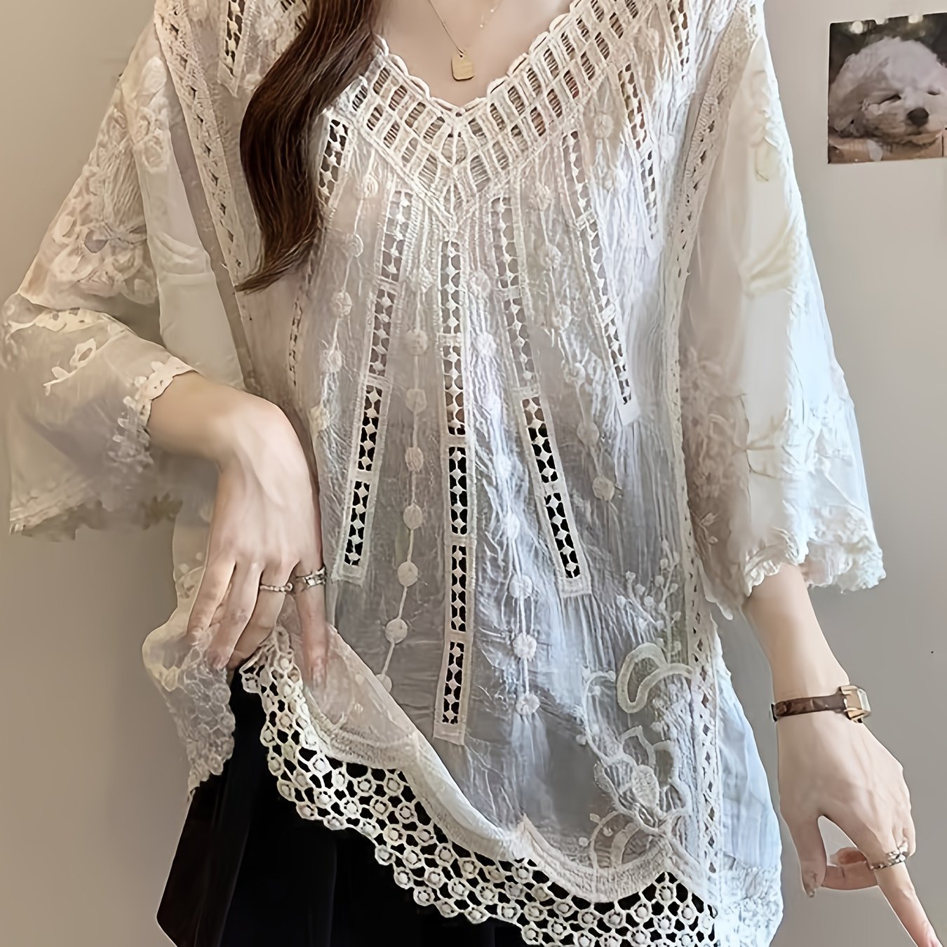 TEMU Bohemian Women's Beach Cover-up Embroidered Hollow Mesh Thin Casual Sleeve Pullover Top