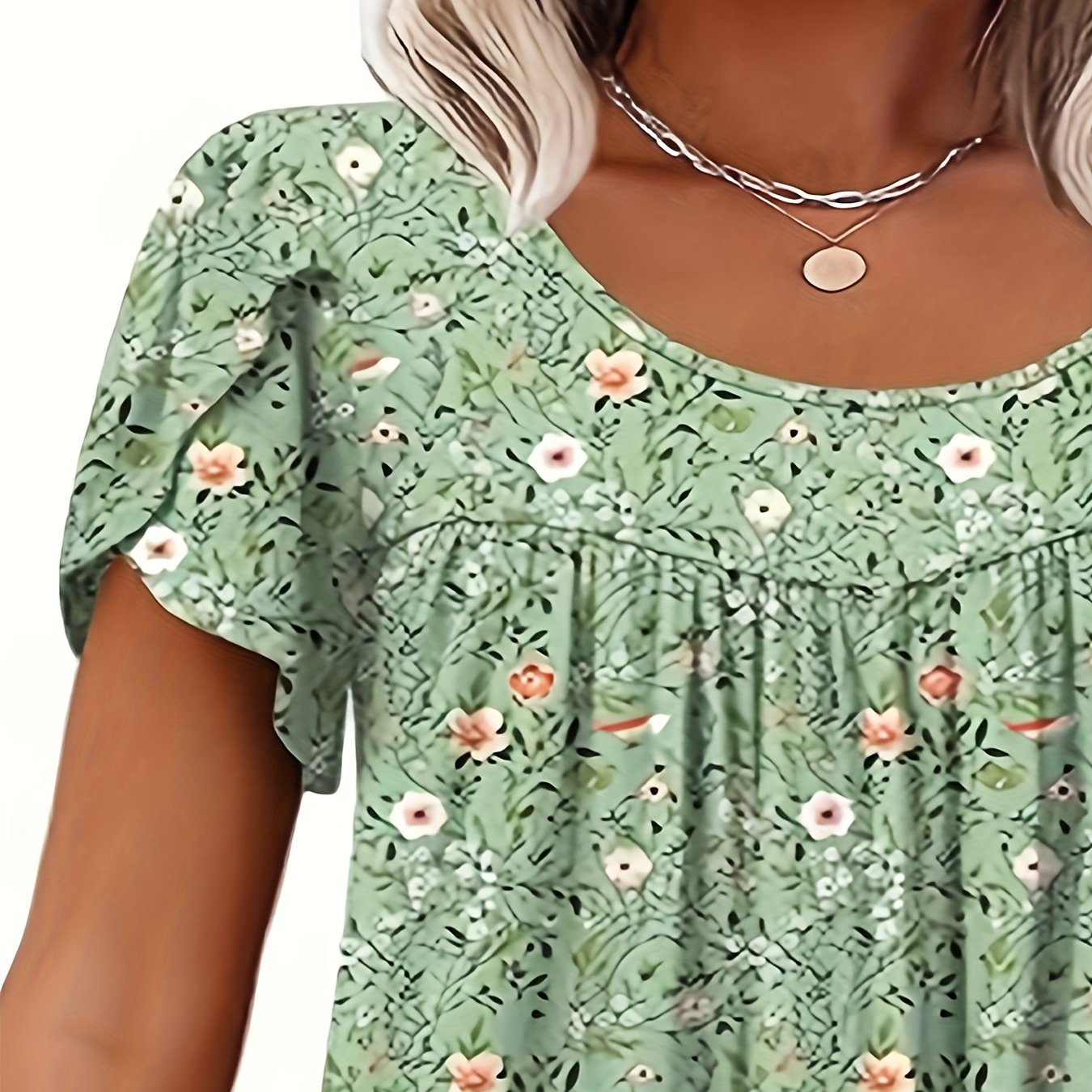 TEMU Blouse Femme Élégante à Imprimé Floral - Haut Décontracté Manches Courtes avec Détail sur le Buste, 95% Polyester 5% Spandex, Lavable en Machine