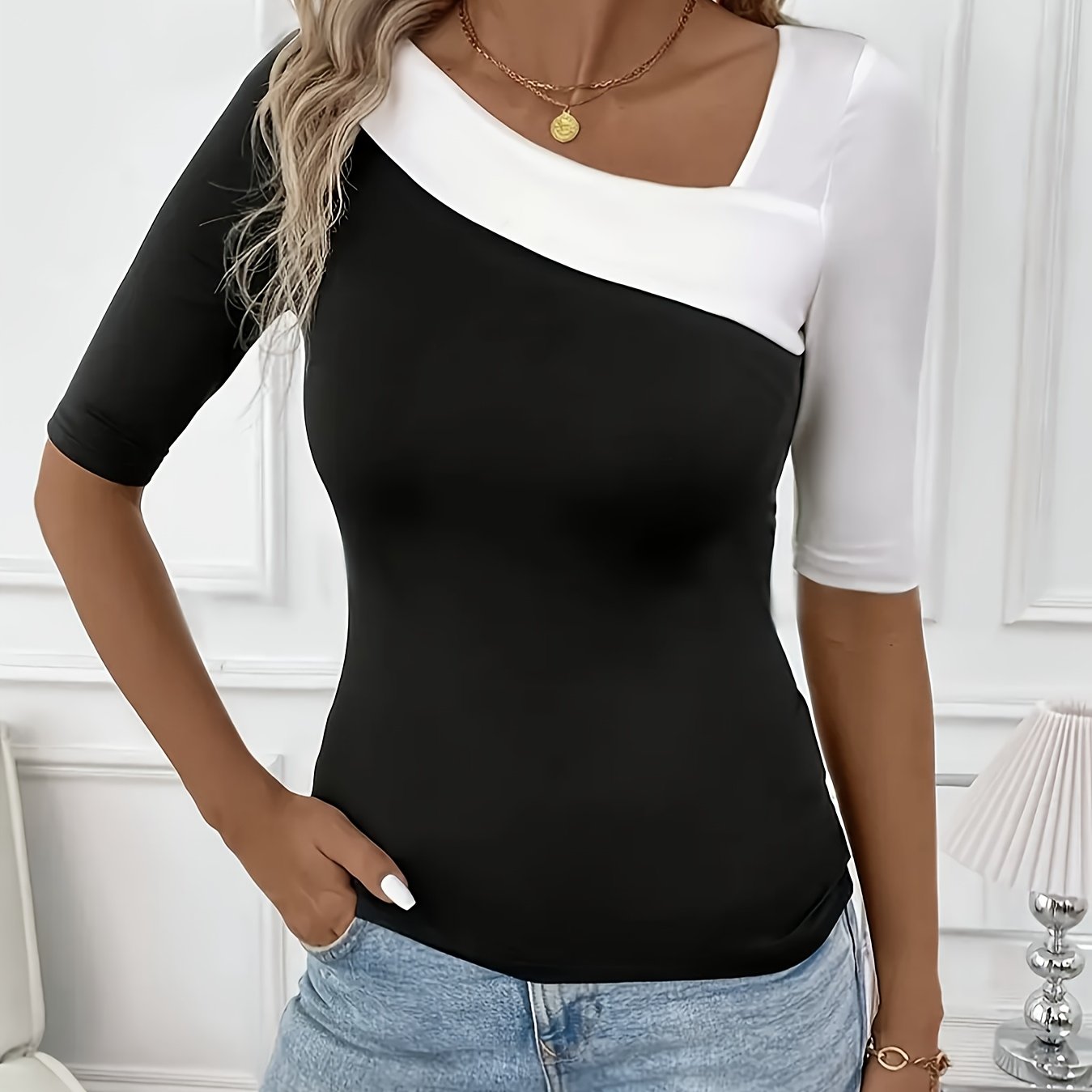 Image of Asymmetrical Color- Slim-fit T-shirt, Casual Mid-sleeve Tee For Daily , Women's Clothing, Suitable For Spring And Summer