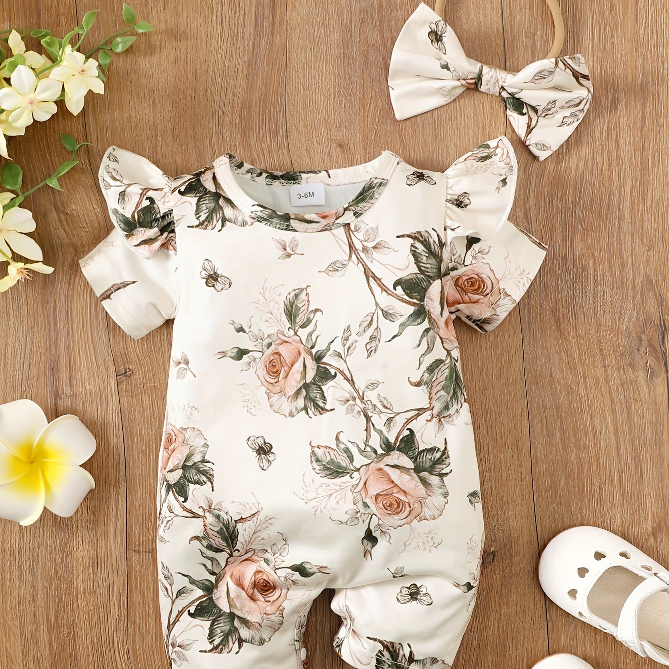 ' Print Short-sleeve Round Neck Onesie Bodysuit With Headband - Fit Summer Outfit, Breathable For, Machine Washable For Diaper Change & Casual Attire (first Clothes), Perfect For Outdoor