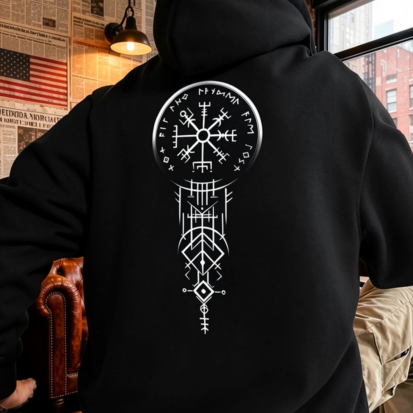 Image of Viking Compass Graphic Hoodie, Unisex Hooded Sweatshirt, Long Sleeve Pullover With Hood, Black Casual Norse Symbol Streetwear, Relaxed For Fall Winter, Travel And Outdoor Activities