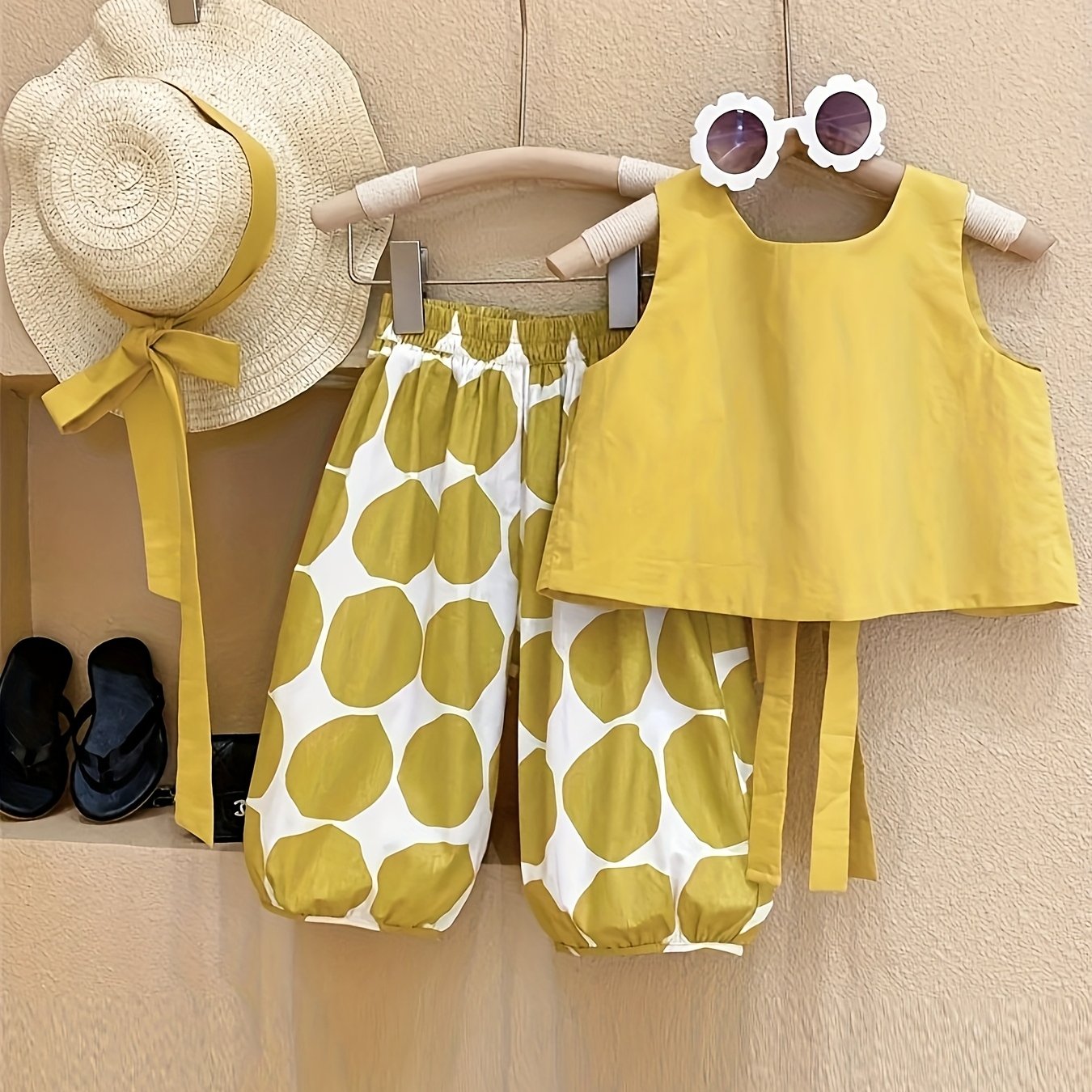 Image of Summer Girls' Yellow Sleeveless Top And Casual Polka Dot Pants 2pcs Set With Hat, For Outdoor