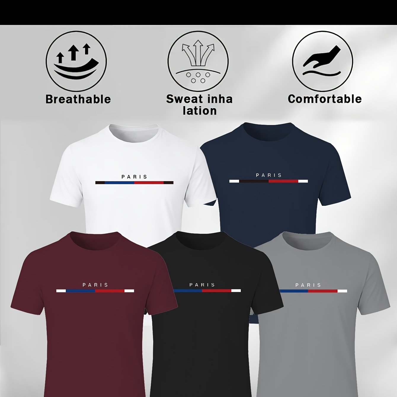TEMU 's Moisture-wicking Short-sleeve T-shirts, Featuring Paris Letter Print And Striped Collar Design- In 5 Colors, Suitable For Summer Outdoor