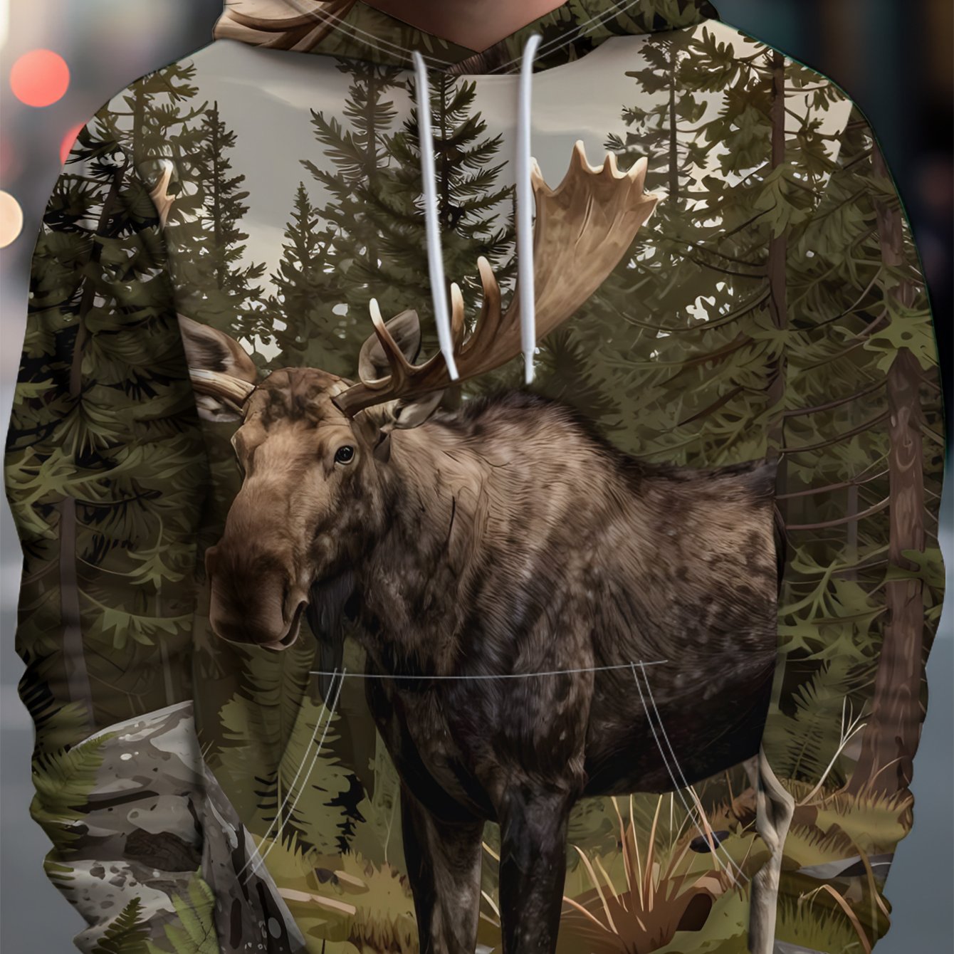 TEMU Unlock A New For Men's Streetwear Style - A Moose Standing By A , Surrounded By Pines And Ferns, Exuding Wild Charm. This -style Pullover Hoodie