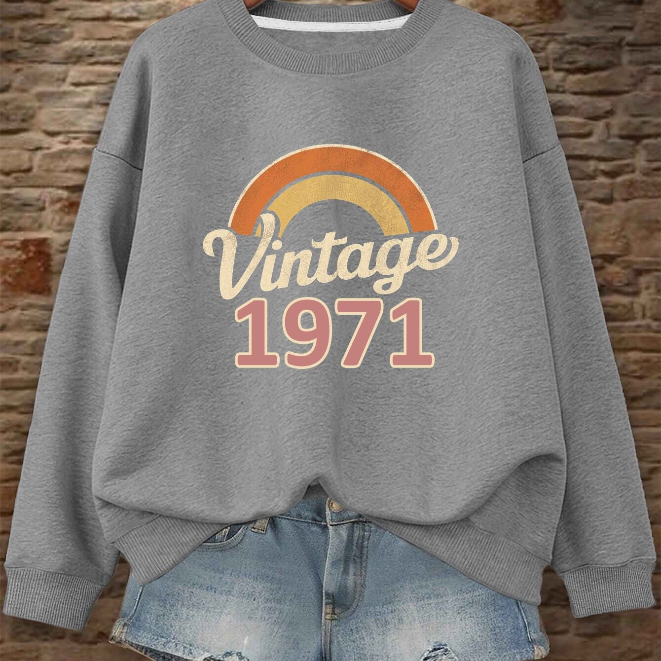 TEMU Vintage 1971 Graphic Print Sweatshirt, Crew Neck Casual Sweatshirt For Fall & Spring, Women's Clothing