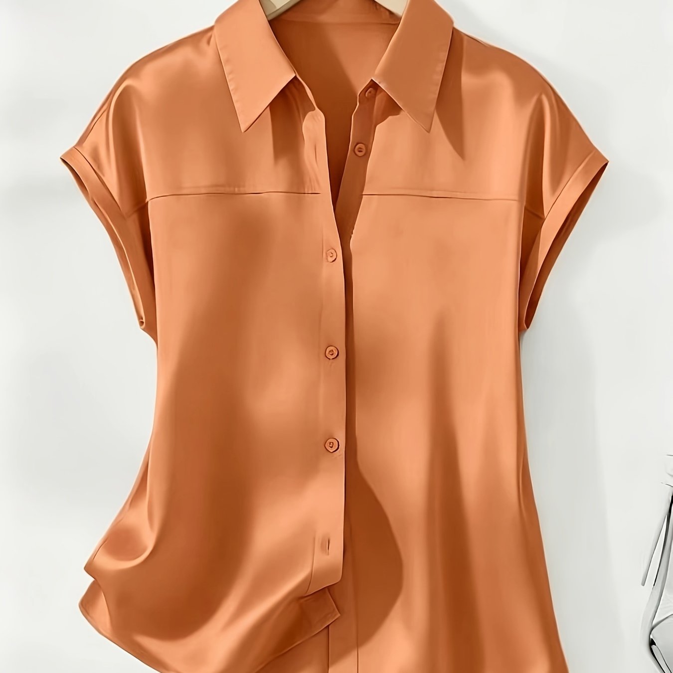 TEMU New Summer Fashion Women's Elegant Solid Color Lapel Single-breasted Batwing Short Sleeve Satin Top