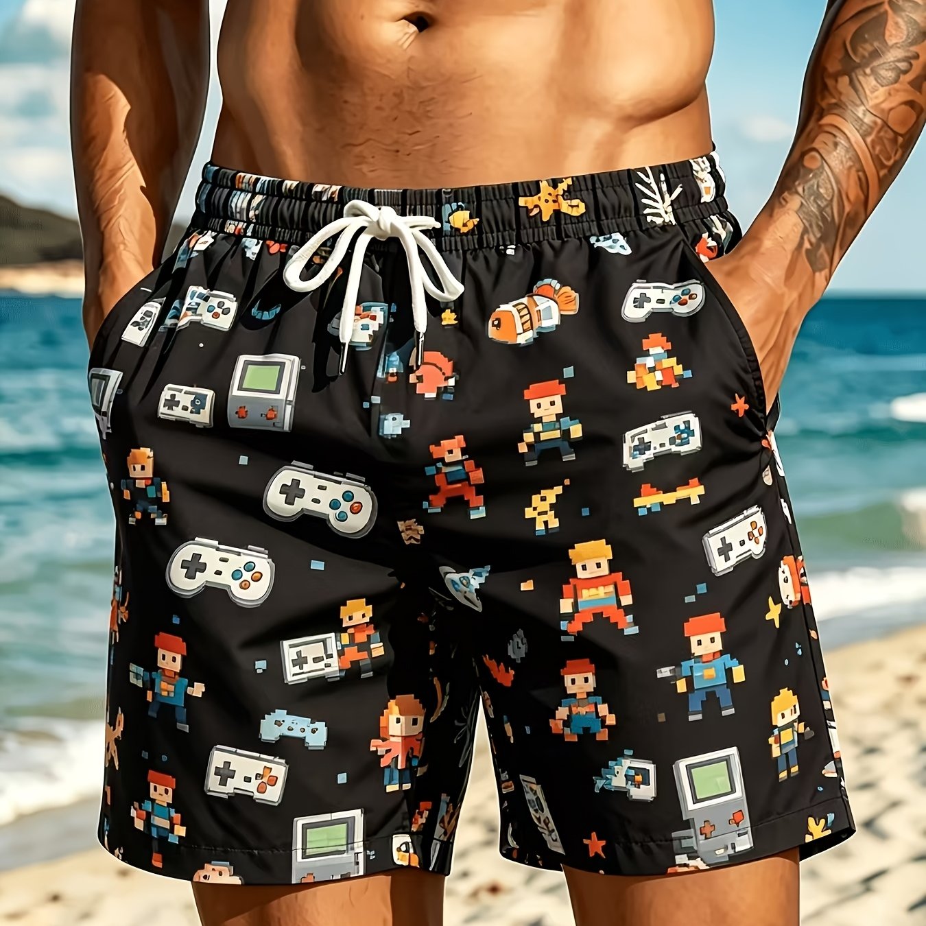 TEMU [Diseño de Impresión - No Texturizado] Pantalones Cortos de Playa para Hombre, Pantalones Cortos para Hombre, Estampado con Diseño de Juego de