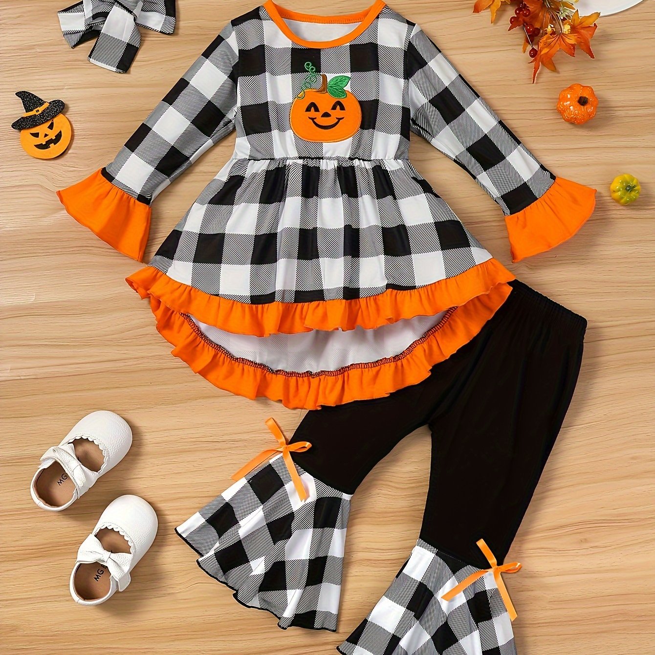 TEMU Halloween 3pcs Autumn Girl Cute Pumpkin Embroidery Waist Collection Long Sleeve Horn Sleeve Checkered Color Skirt Cedar&bow Decoration Bottom