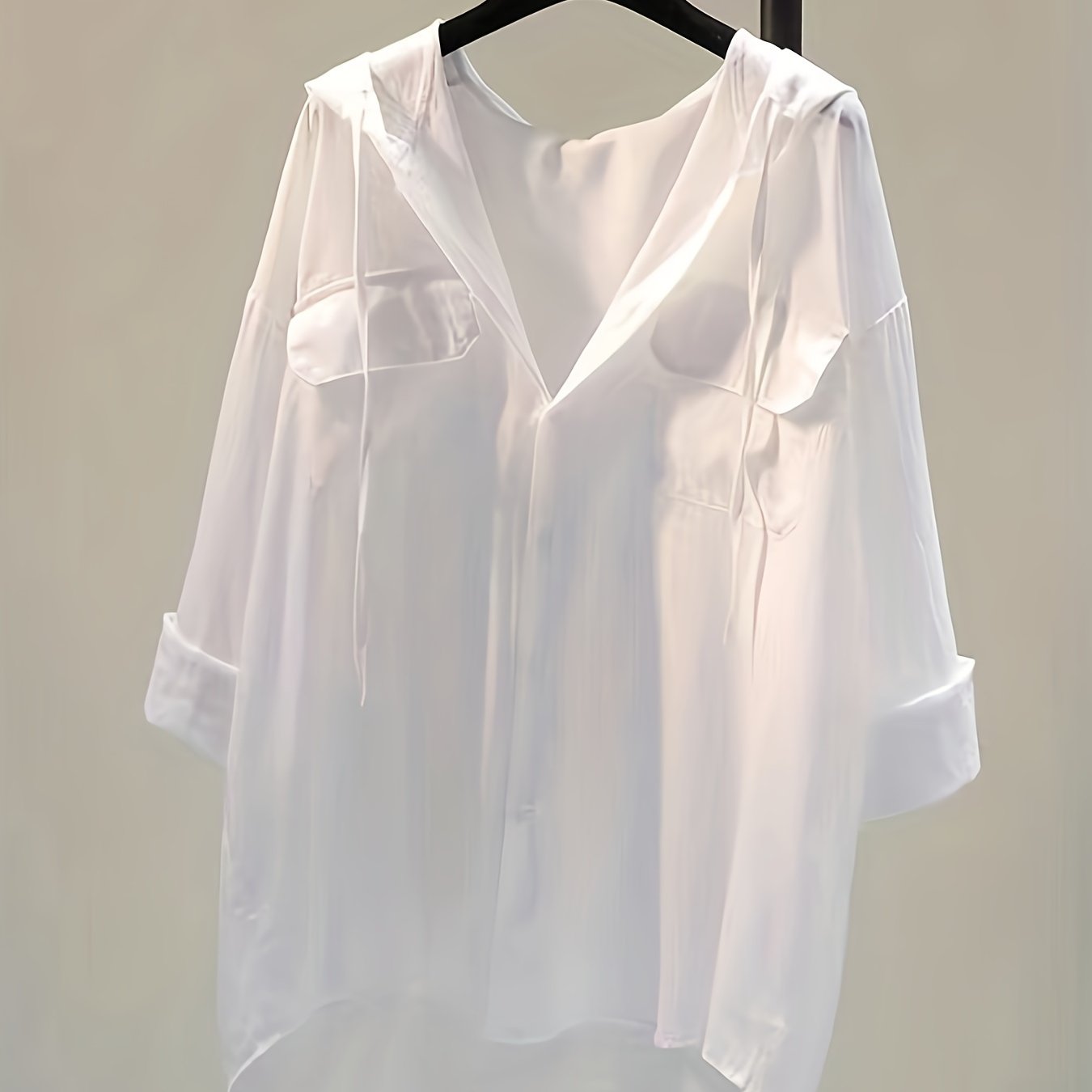 Image of Spring/summer Fashion Solid Color Loose Fit Hooded Double Pocket Lightweight Outer Jacket Shirt For Women