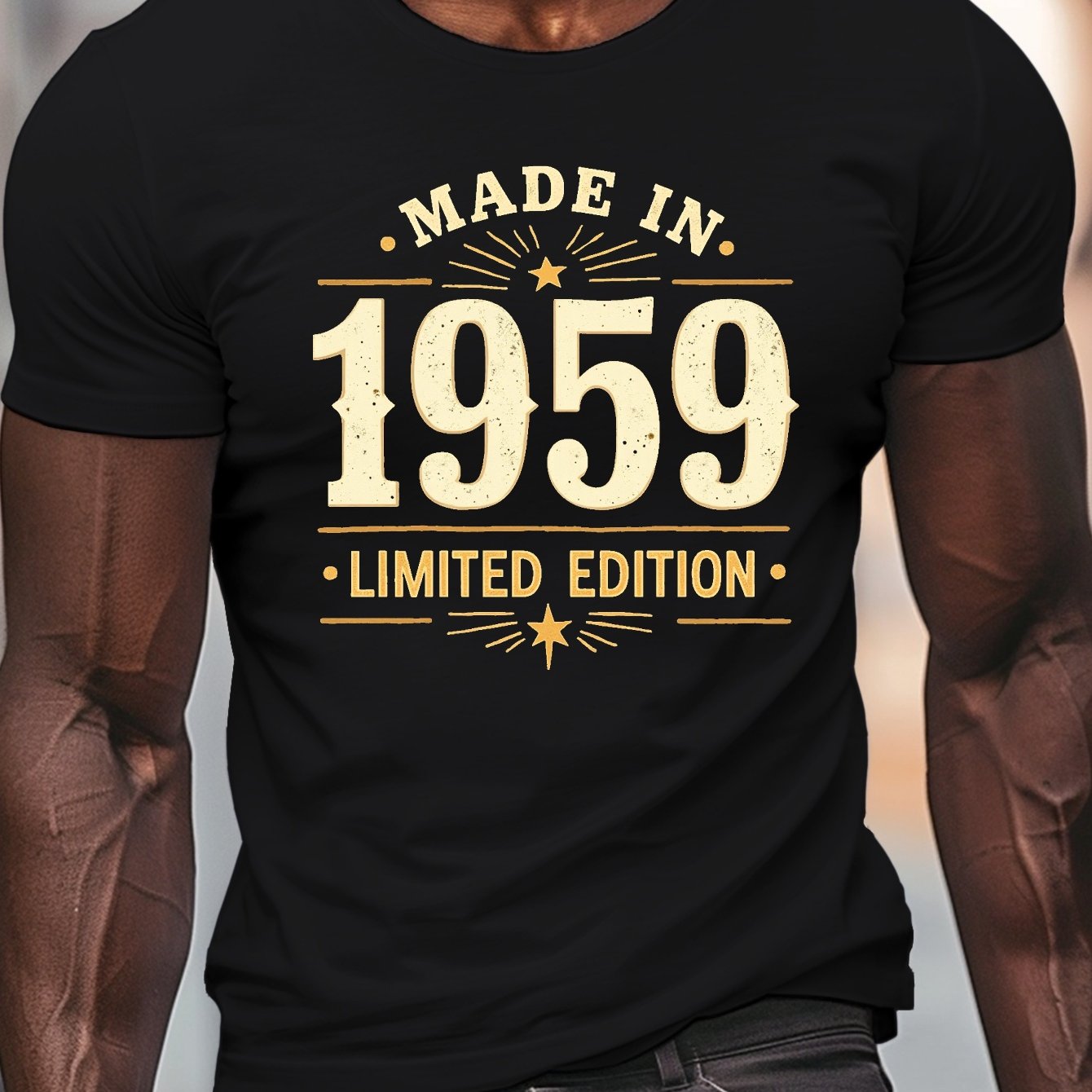 TEMU Men's 1959 Edition Vintage T-shirt - 50th Anniversary Golden-printed Suitable For , Crew Neck Short-sleeve Shirt With 1959 Logo Design,