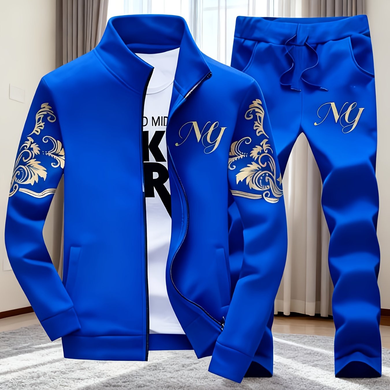2pcs Classic Men's Sportswear | Casual Collar Jacket And Trousers With Retro Design, Non-stretch Fabric, Zipper Details, Suitable For And Daily Wear