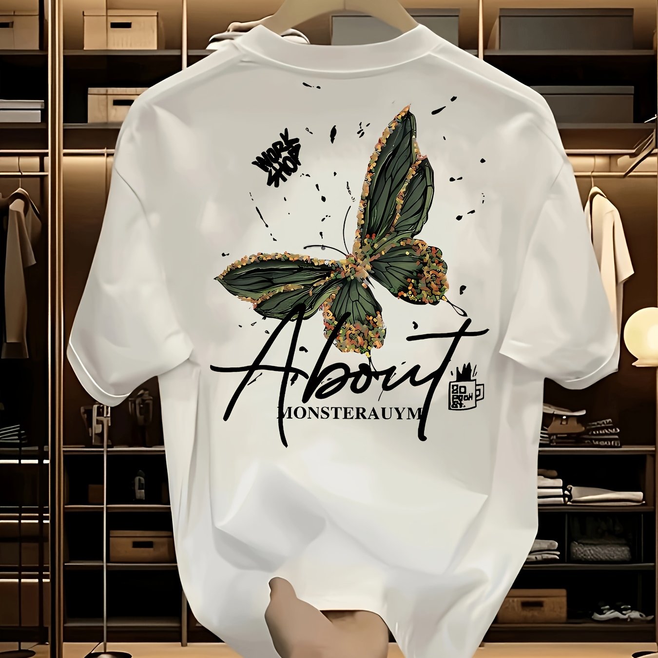 E-shop Lässiges Herren Kurzarm T-Shirt mit "ABOUT MONSTER" Grafikdruck - Schwarzes Rundhals Sommer Tee, Regular Fit Atmungsaktives Gewebe für