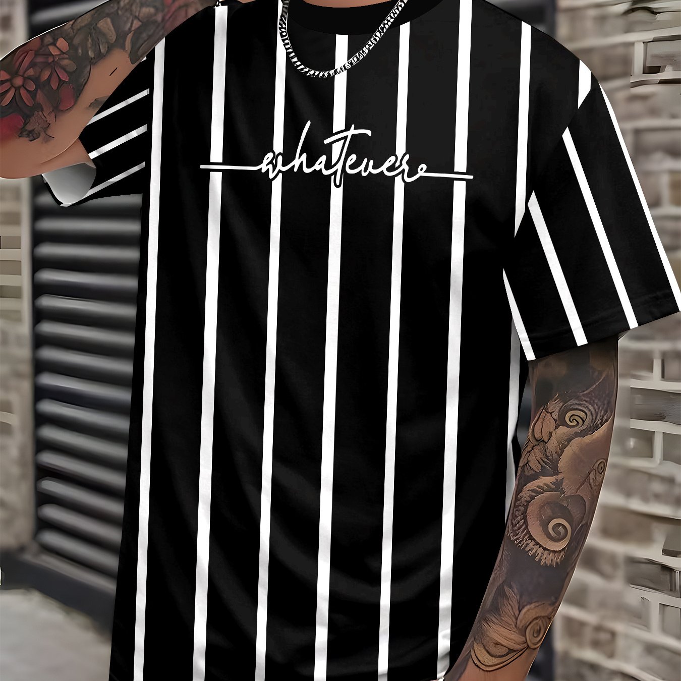 TEMU Men's Breathable Loose Fit T-shirt With Striped Letter Print - Suitable For, Casual & Outdoor Wear, Round Neck Short Sleeve, Machine Washable