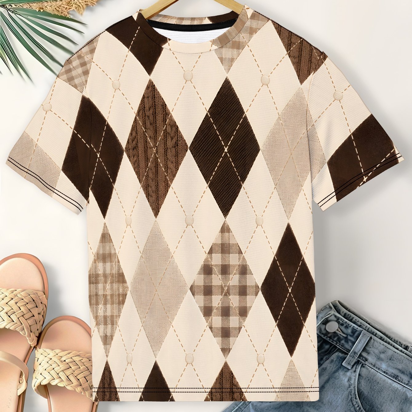 TEMU Women's Plus Size Chocolate Mocha Argyle Quilt Print T-shirt - Short Sleeve Round Neck Casual Top, Machine Washable Suitable For Daily Wear &