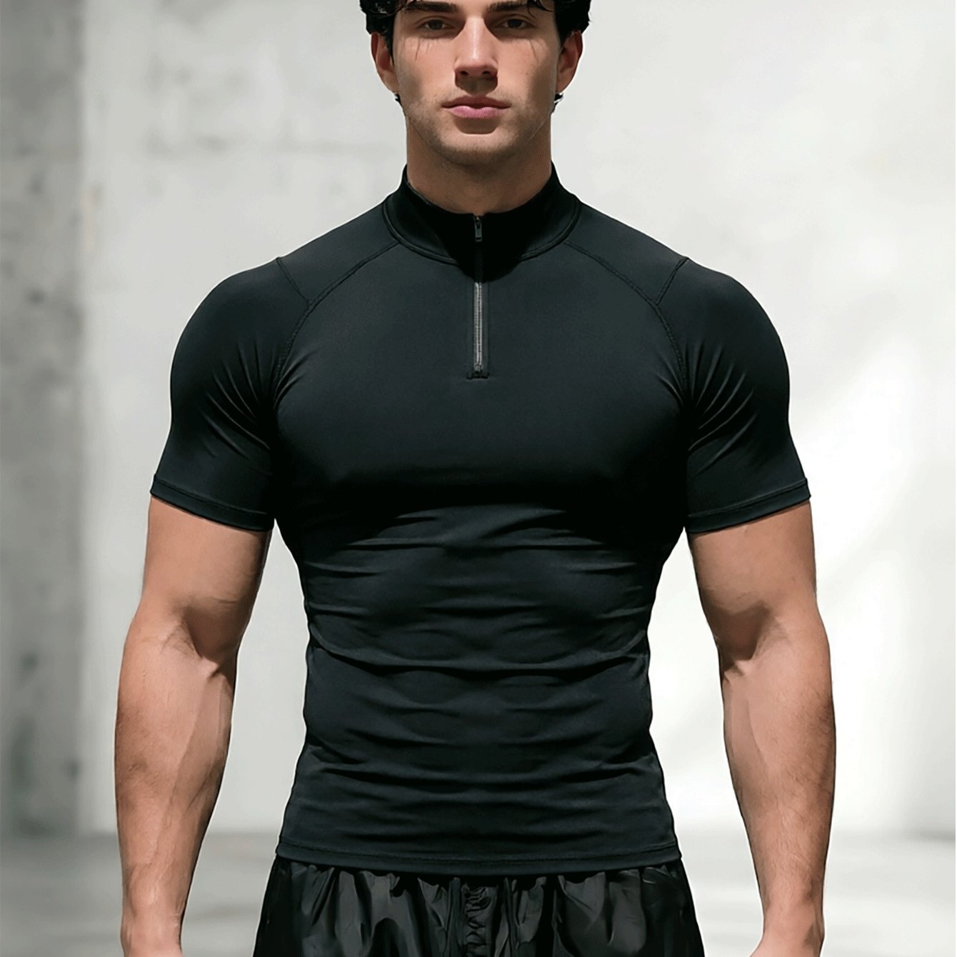 TEMU 1pc Men's Half-zip High Neck Tight Short Sleeve Compression Shapewear, Quick-dry Sweat-wicking Performance Workout Top, Athletic Apparel For