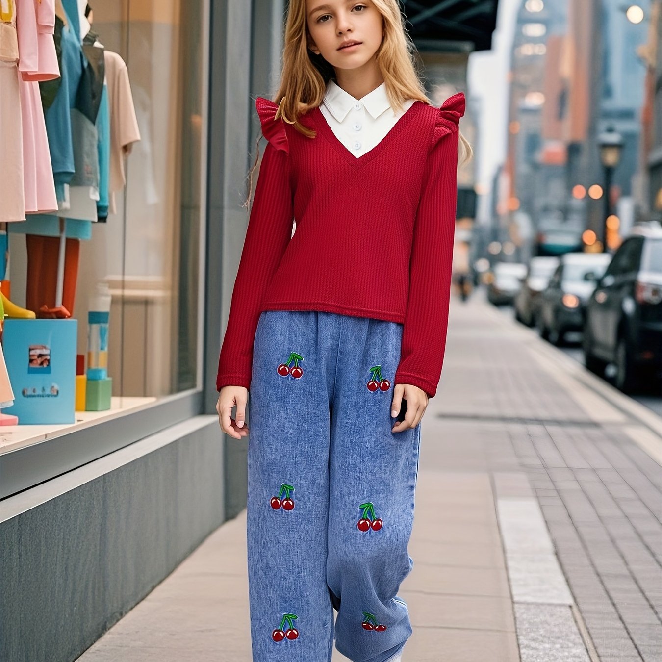 Image of Girls' Autumn/ Set: Red Ruffle-trimmed Long-sleeve Top With Cherry Pants. Sweet And Stylish Design, Loose And , Perfect For Daily , Festive Wear, Outdoor Activities, And Vacations, Perfect For Outdoor
