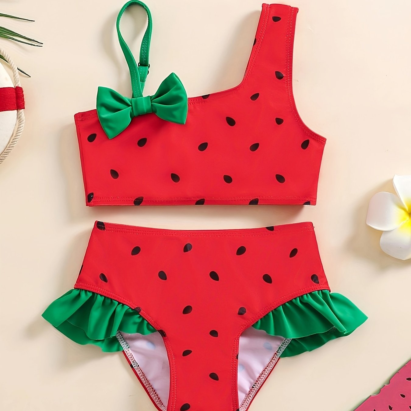 Girls' Watermelon Seed -shoulder Split 2pcs Beach Swimsuit