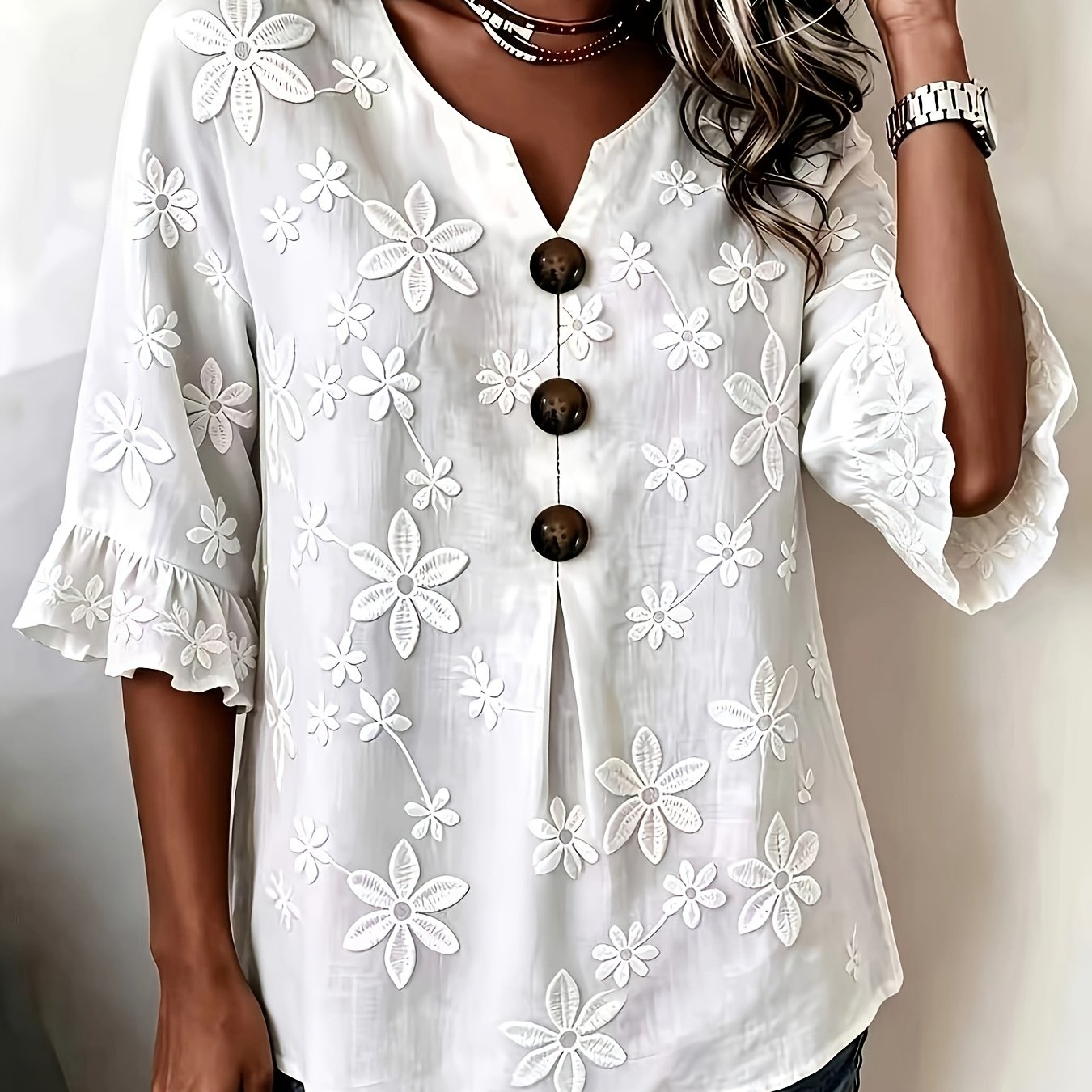 TEMU Plus Size - Casual Solid Color Embroidered Plus Size Top