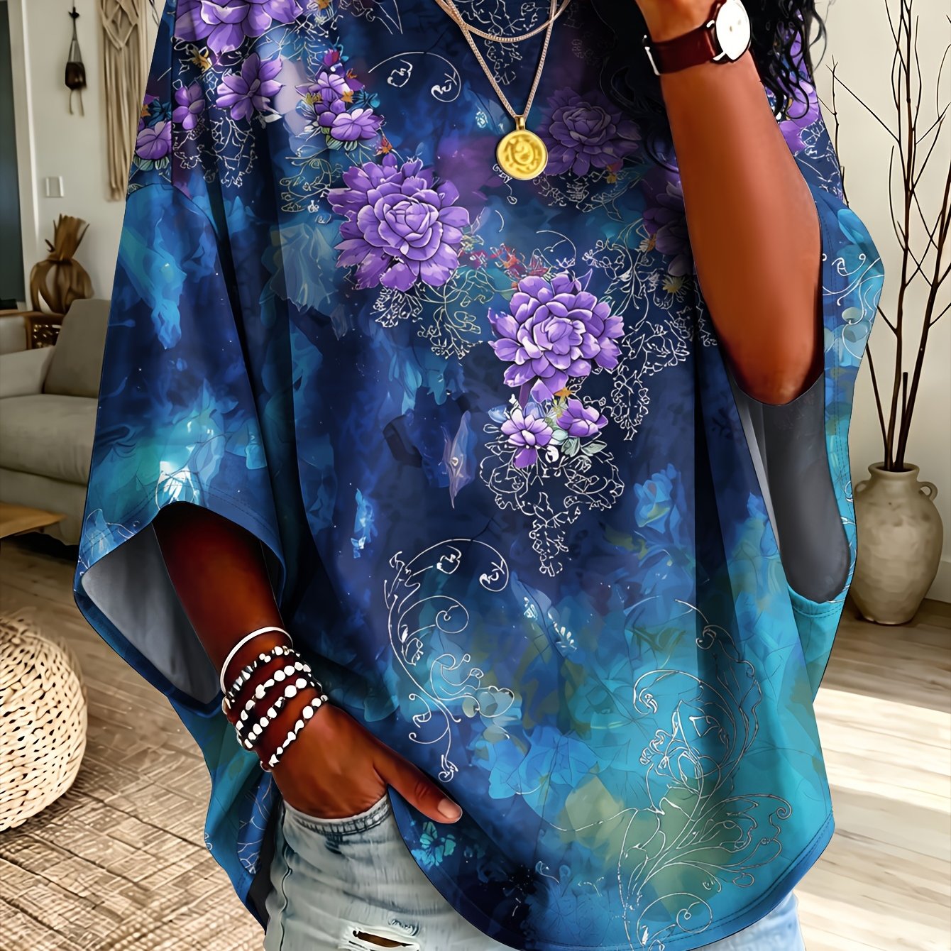 TEMU Plus Size, Plus Size Women's Oil Painting Style Purple Peony Scroll Flower Loose T-shirt, Round Neck Off-shoulder 3/4 Sleeve Pullover Top,